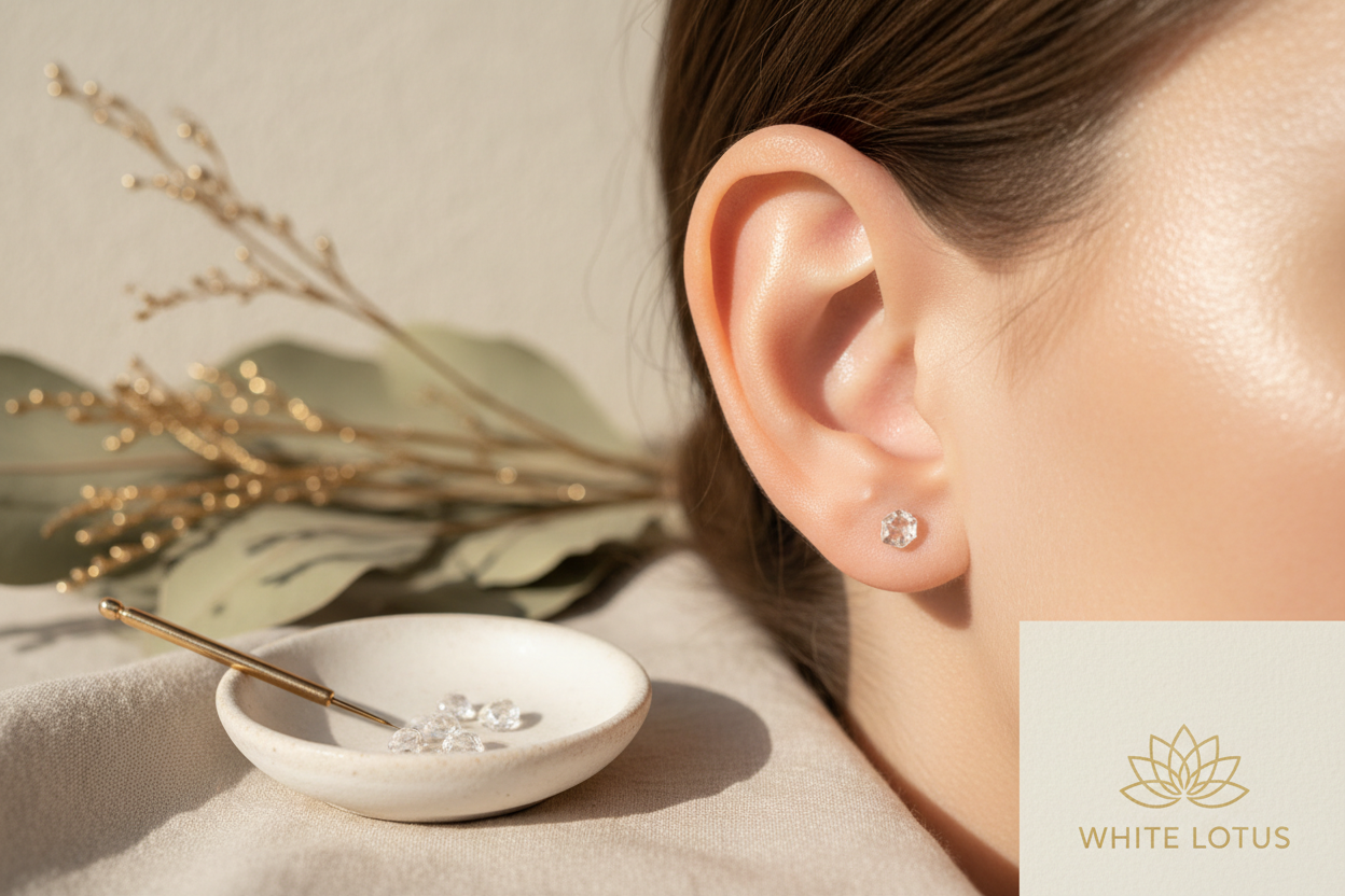 Illustration of the auricular branch of the vagus nerve in the outer ear showing where White Lotus crystal ear seeds are placed to calm inflammation