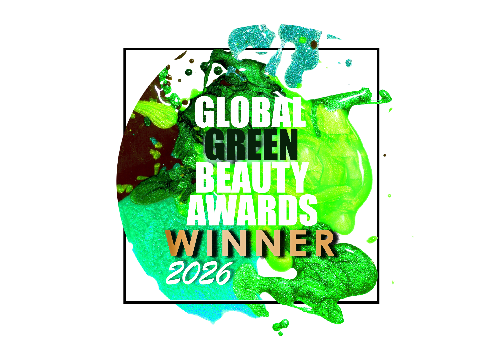 A graphic badge reading 'GLOBAL GREEN BEAUTY AWARDS WINNER 2026' over a colorful paint-splatter design in green, teal, and black on a white background.