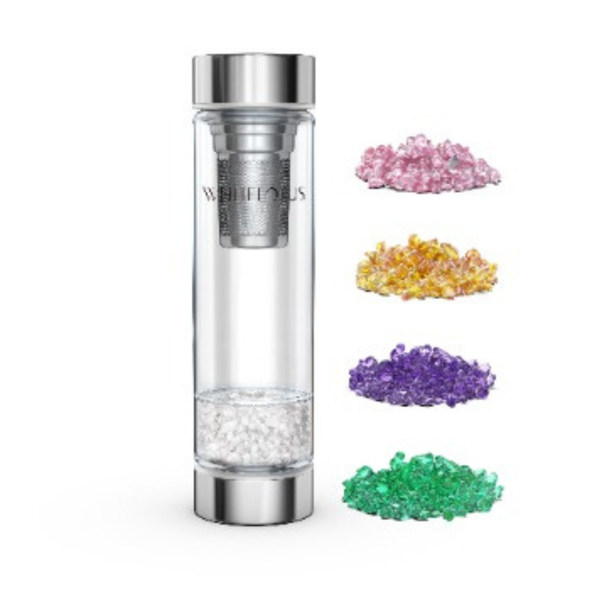 Clear water bottle with silver cap and colorful gemstones on a white background