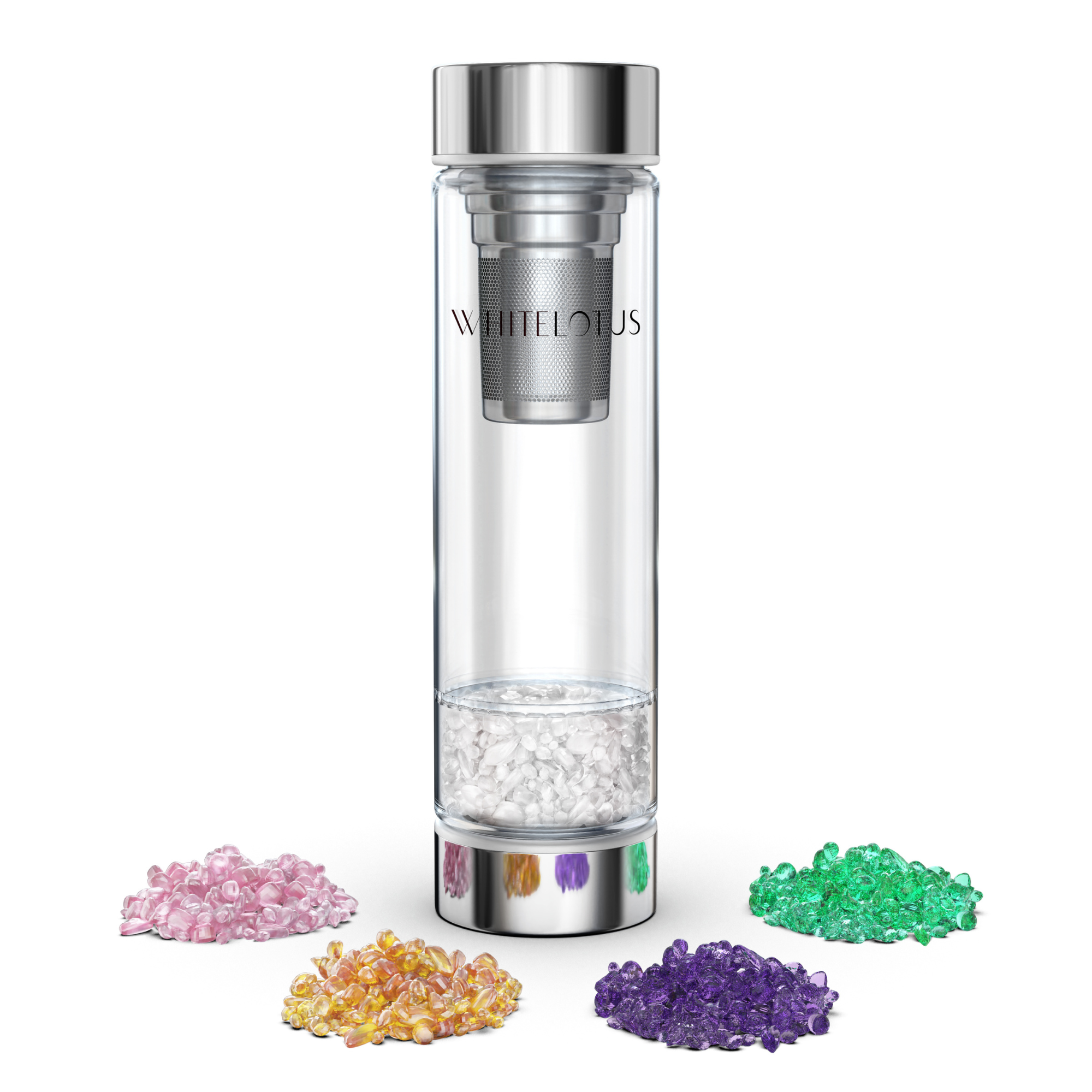 Clear glass bottle with silver cap and colorful crystals on a white background