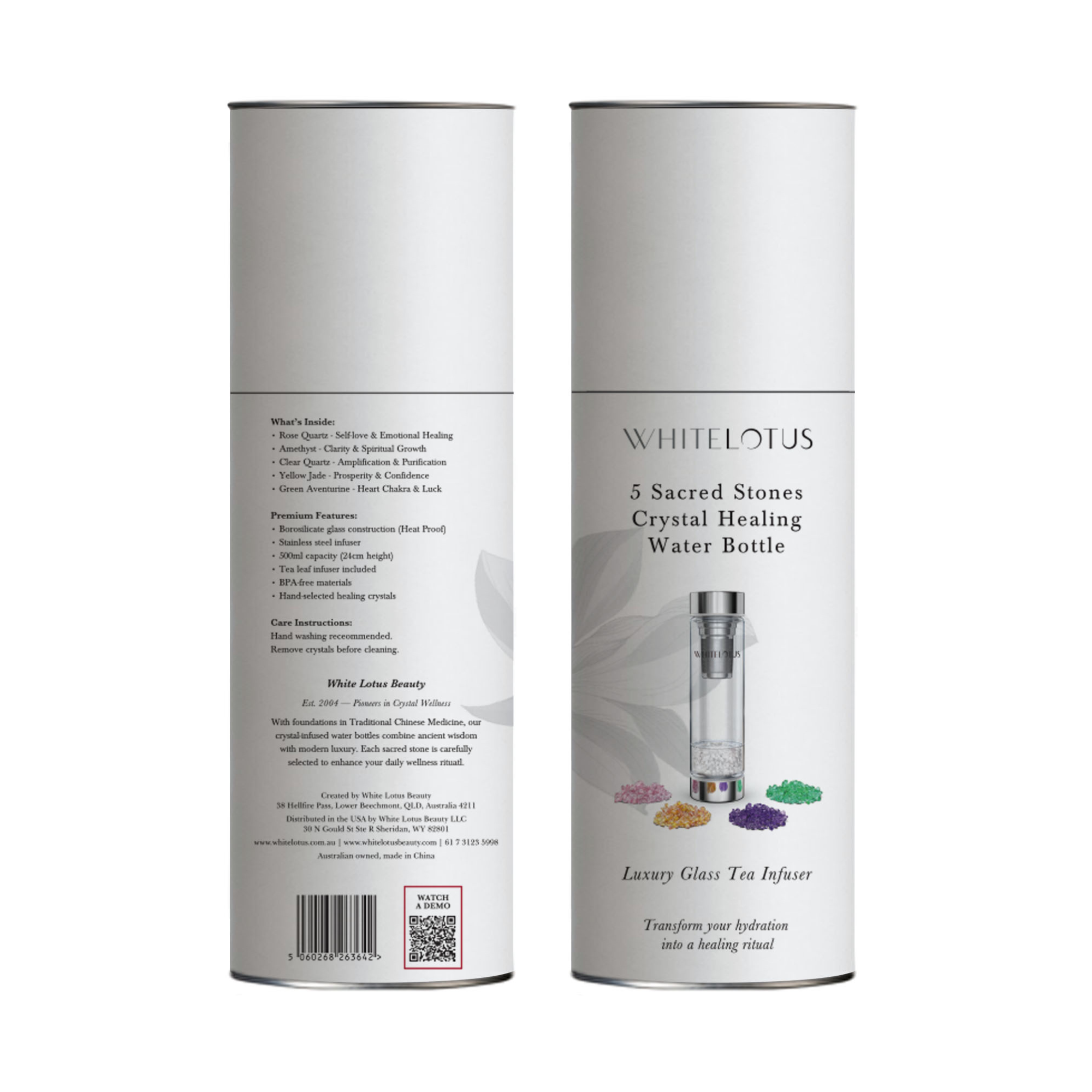 Crystal water bottle with five sacred stones in crystal chamber