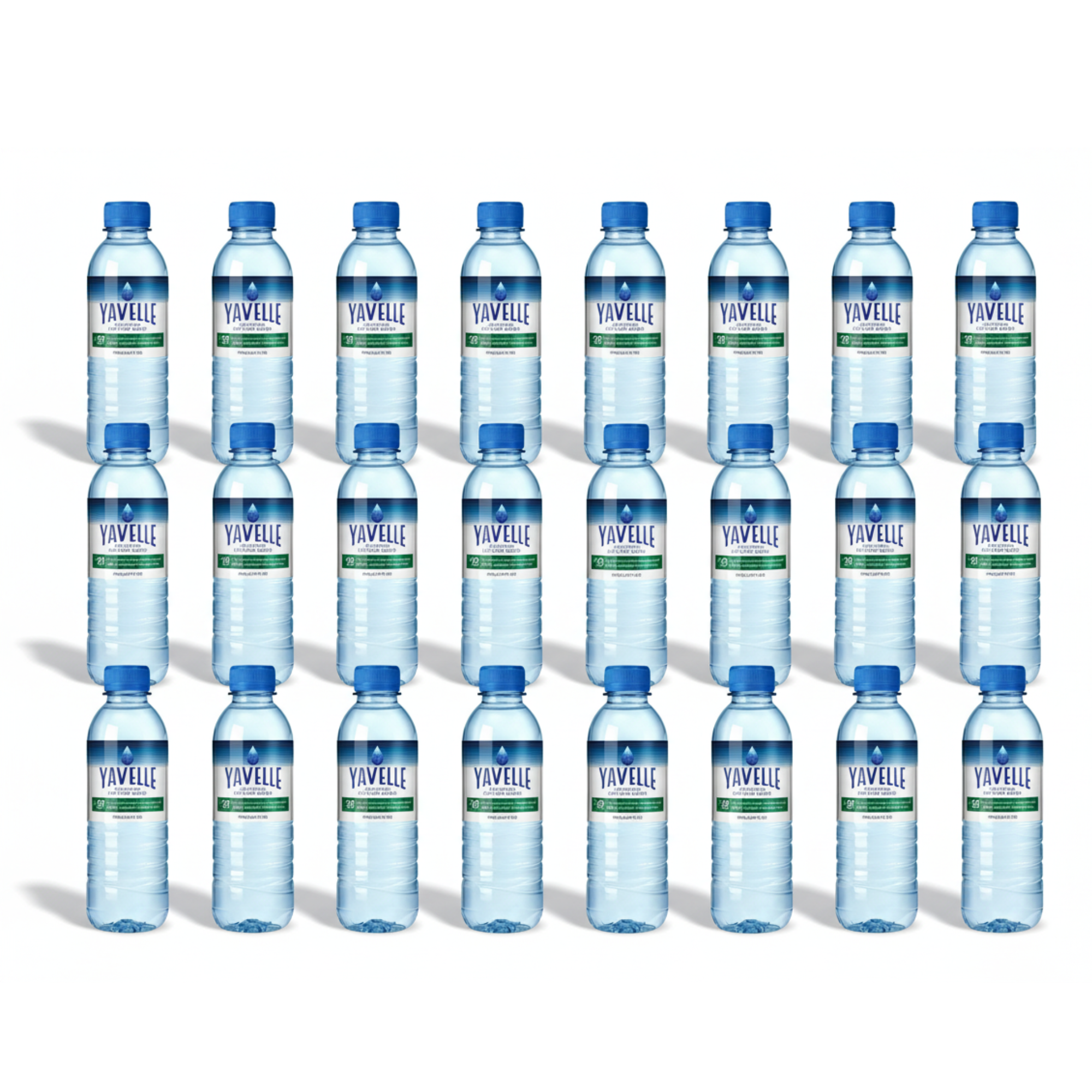 Multiple bottles of Yaville water arranged in rows on a white background