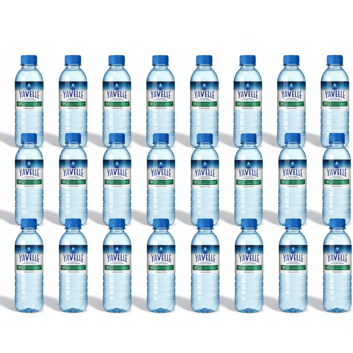 Multiple bottles of Yaville water arranged in rows on a white background