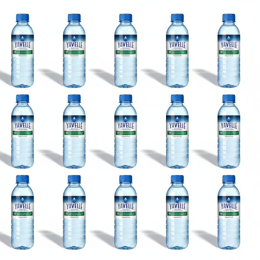 Multiple bottles of Yavelle water arranged in a grid on a white background
