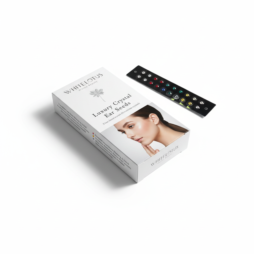 Close up of crystal ear seeds on adhesive dots