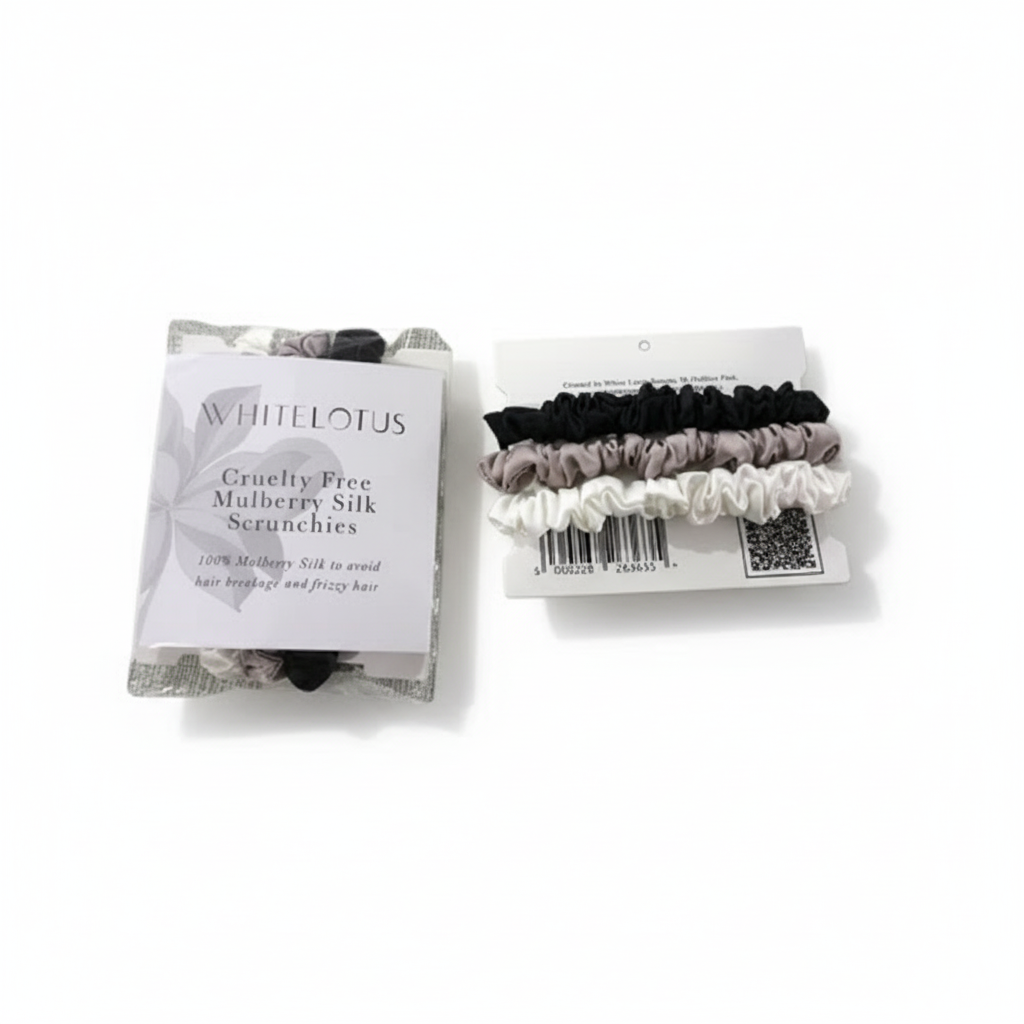 White Lotus Beauty mulberry silk scrunchies packaging
