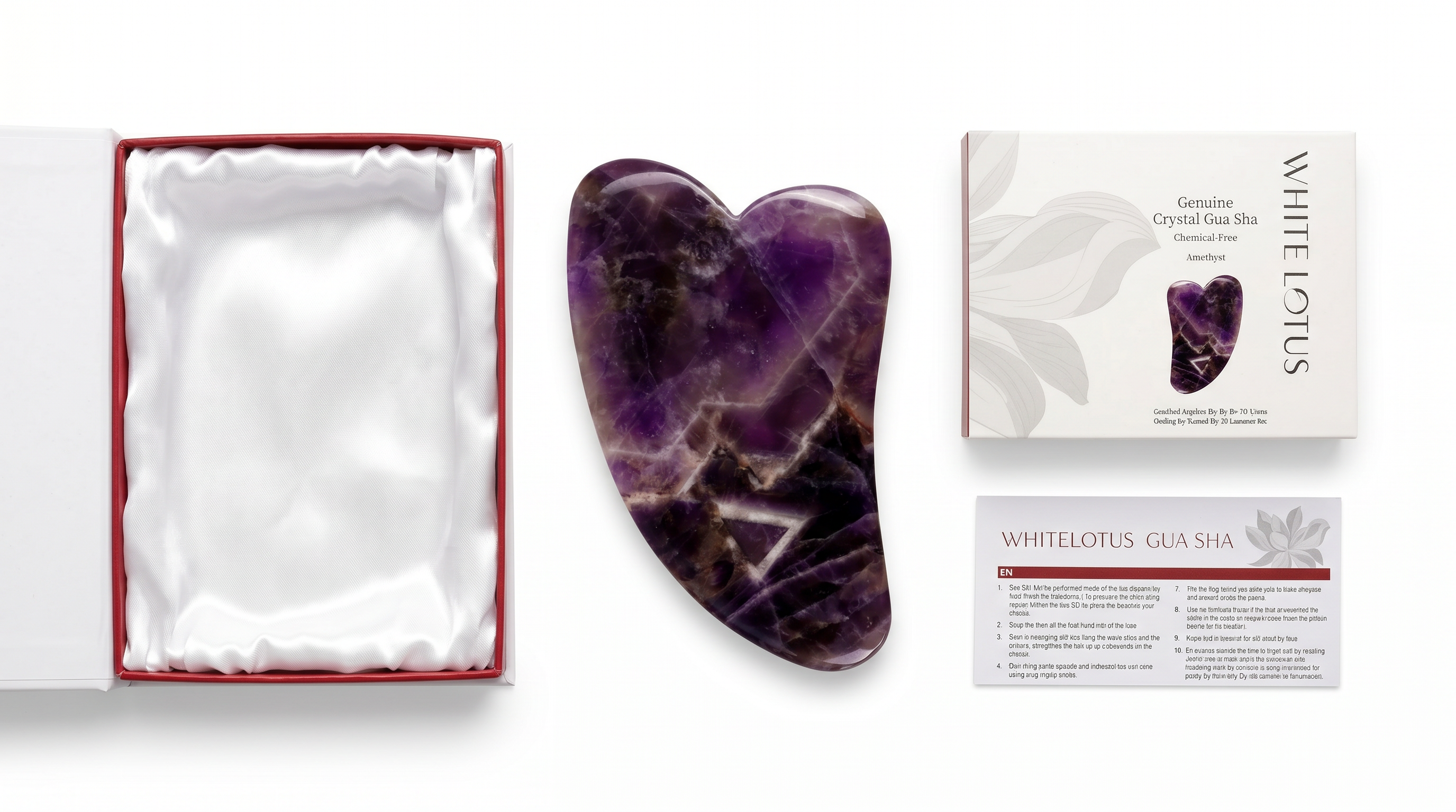 Amethyst crystal heart-shaped gua sha tool with packaging on a white background
