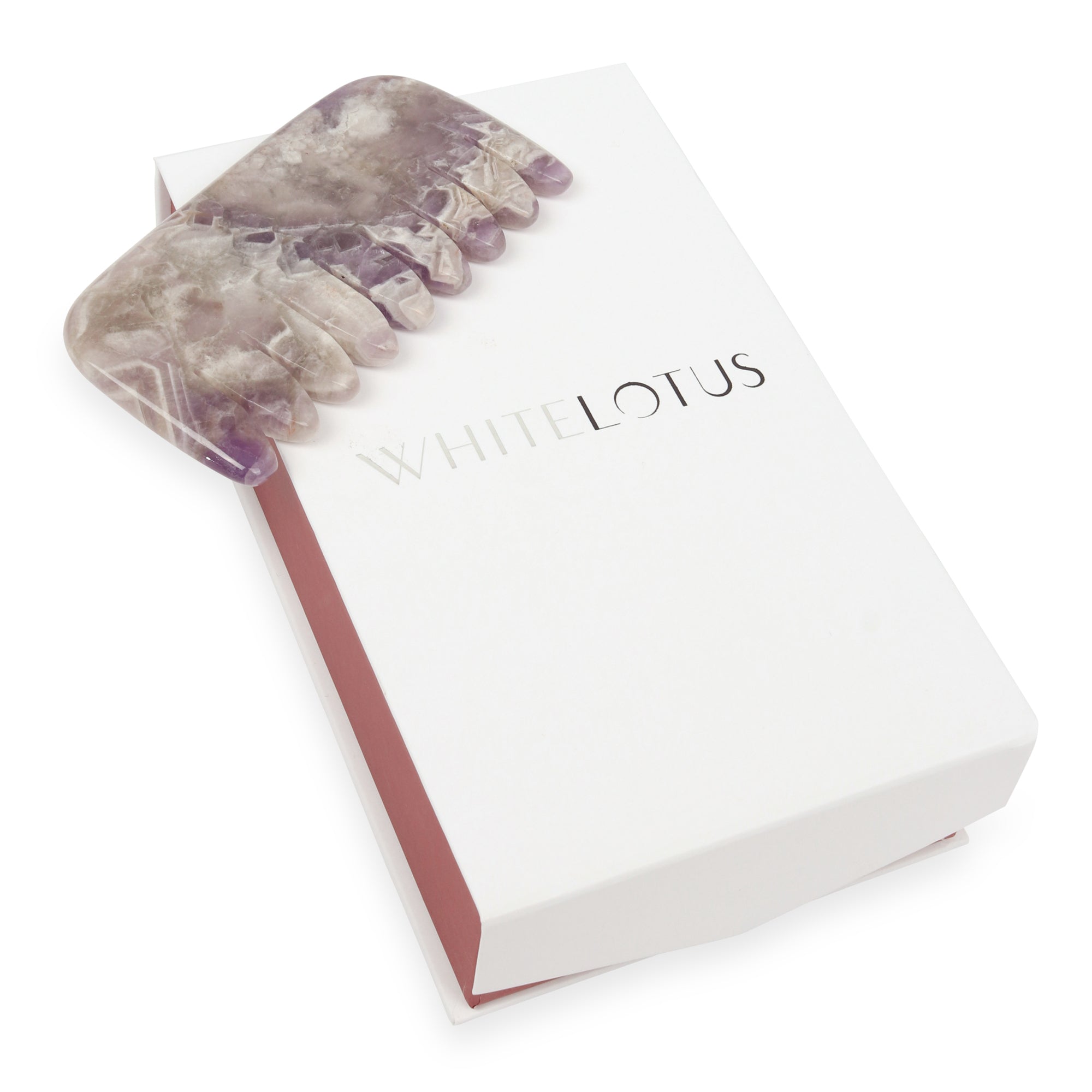 amethyst hair comb on a box