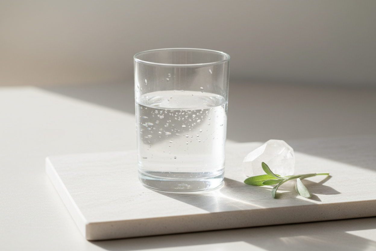 Glass of clean deuterium depleted water on a stone surface in soft natural ligh