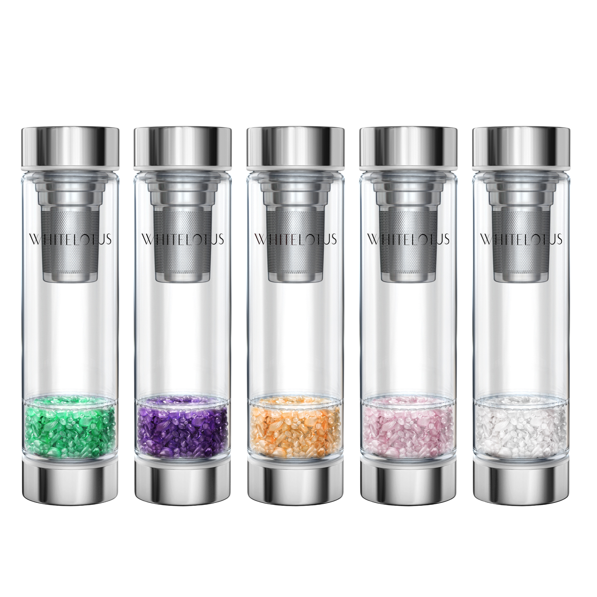 Set of five glass bottles with colorful beads inside, branded 'Whitehouse'.