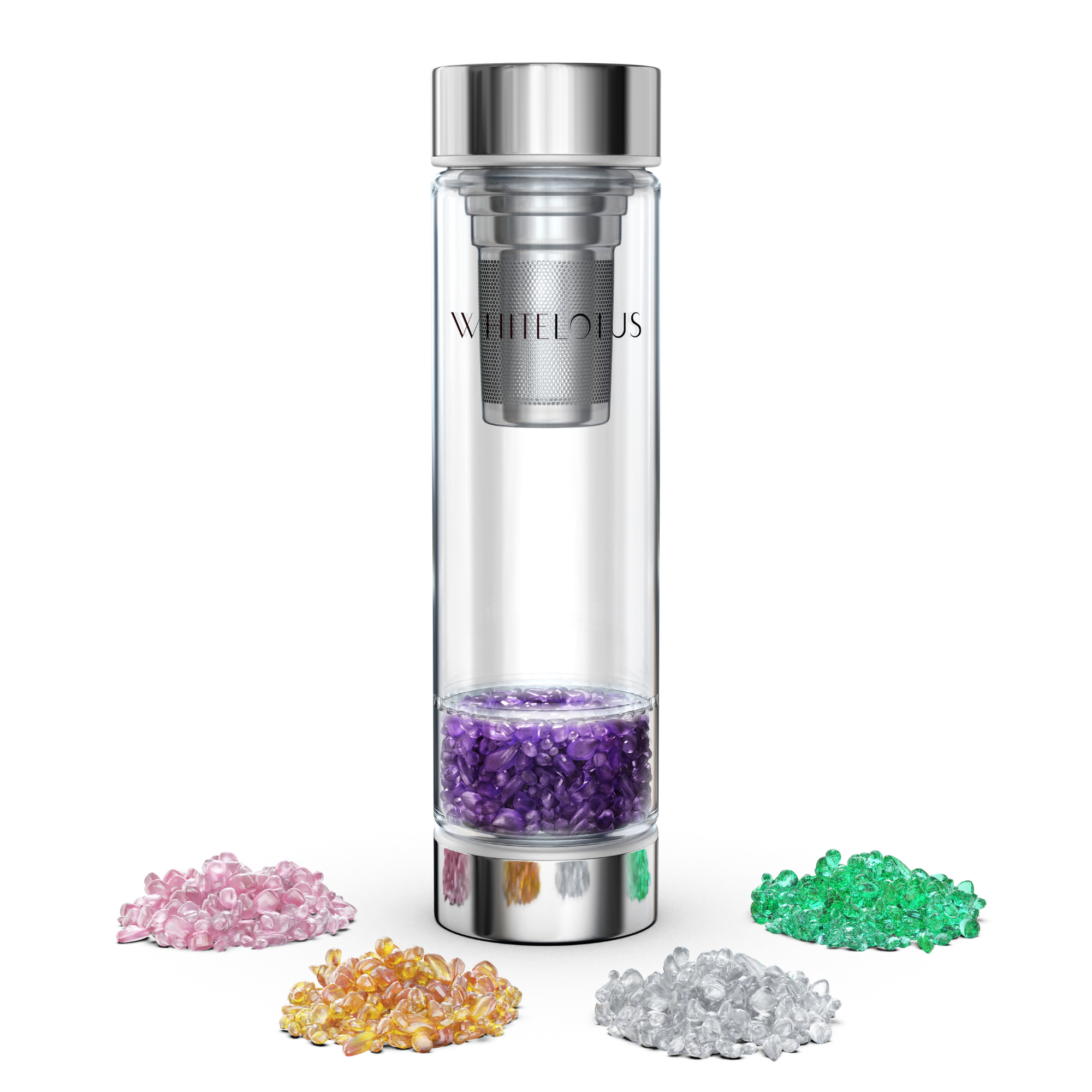 Crystal healing water bottle 500ml borosilicate glass with tea infuser