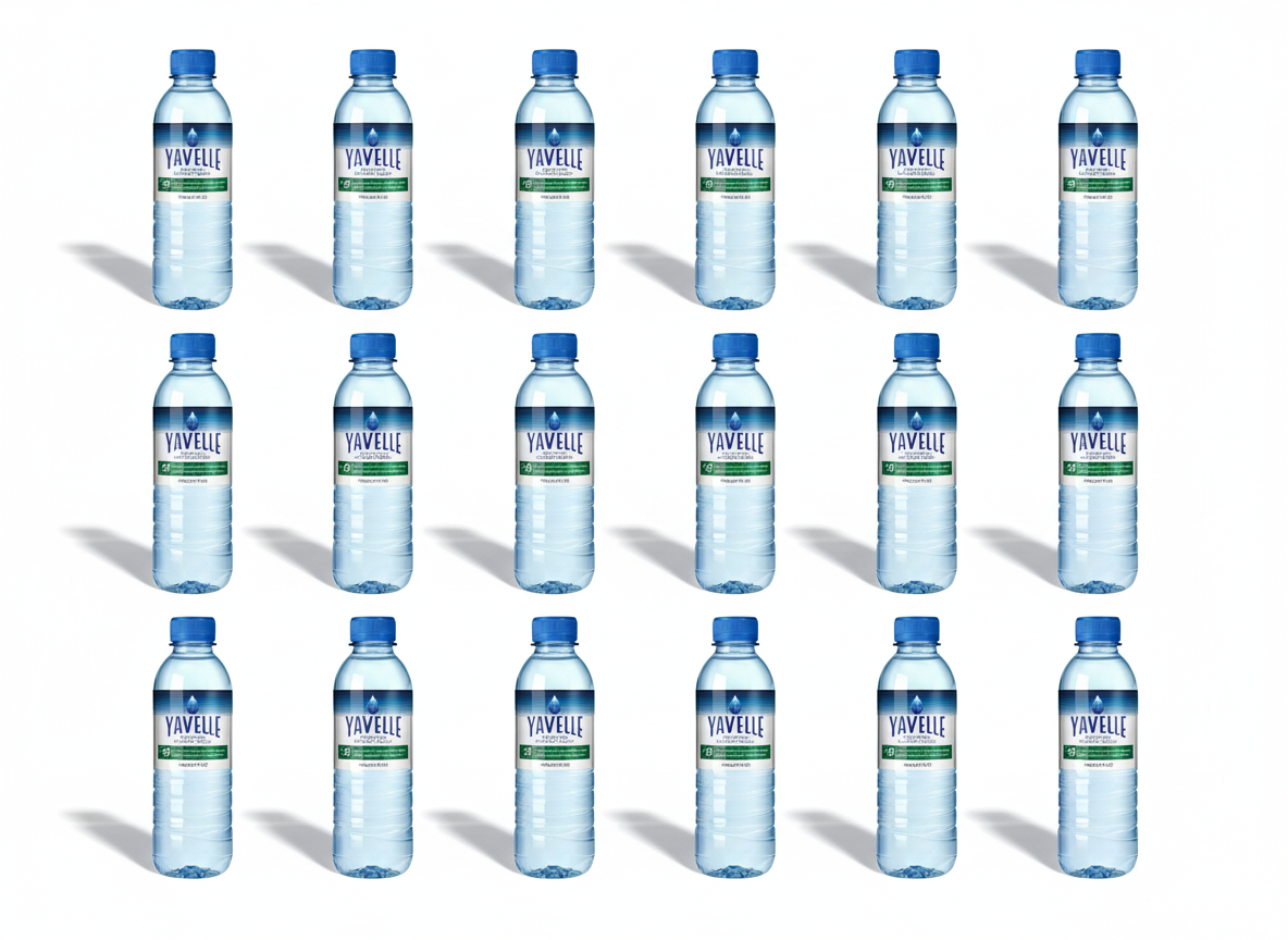 Multiple bottles of Yavelle water arranged in a grid on a white background