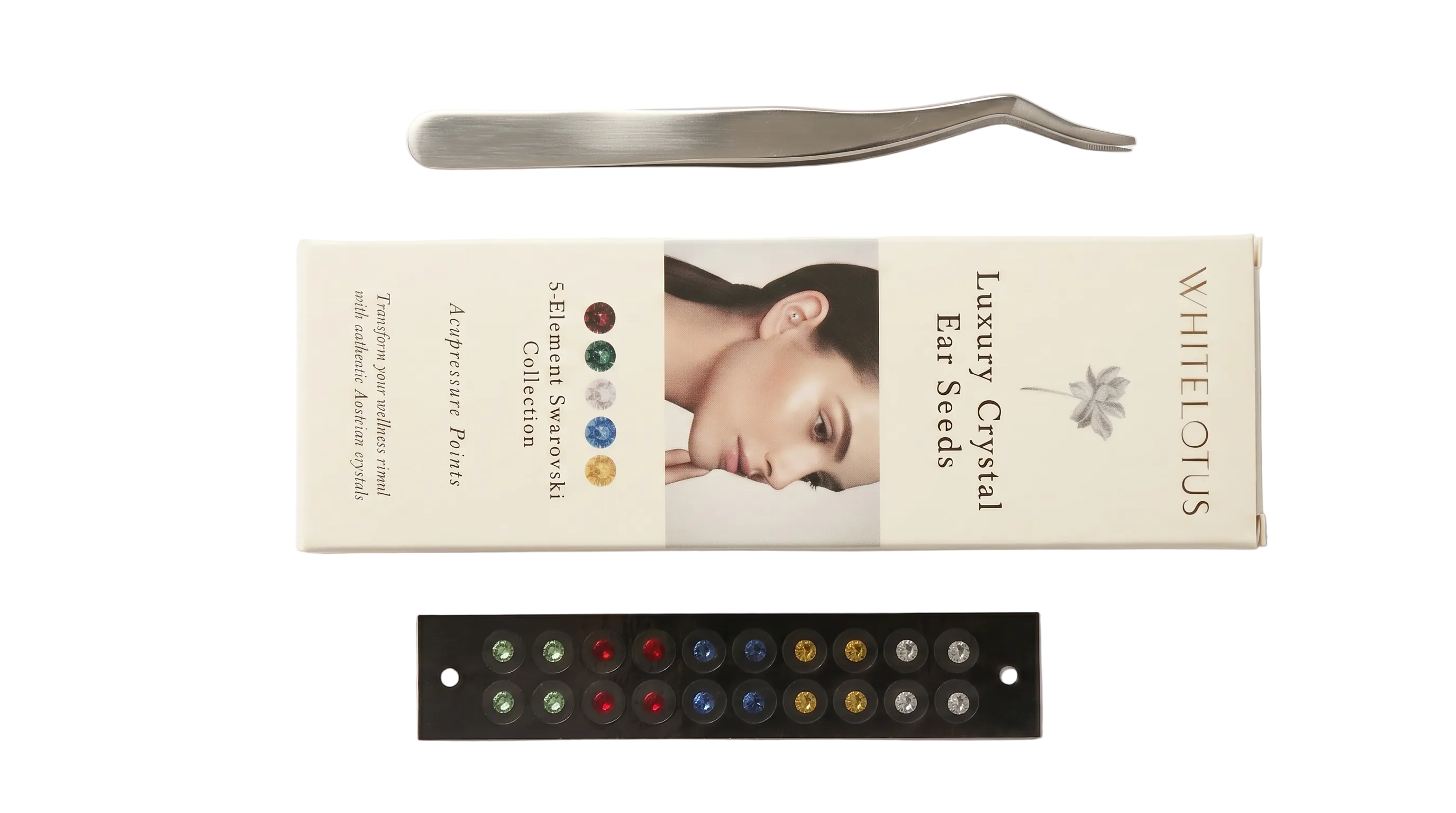 crystal ear seed pack containg tweasers and crystal ear seeds in 5 different colours